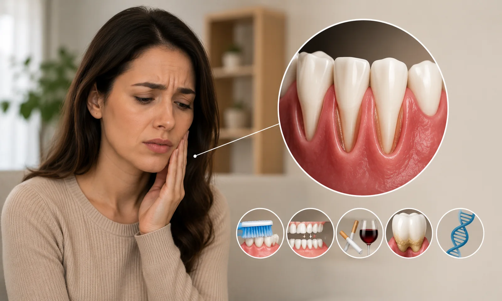 Illustration showing receding gums and common causes such as gum disease, brushing habits, genetics, and oral health conditions
