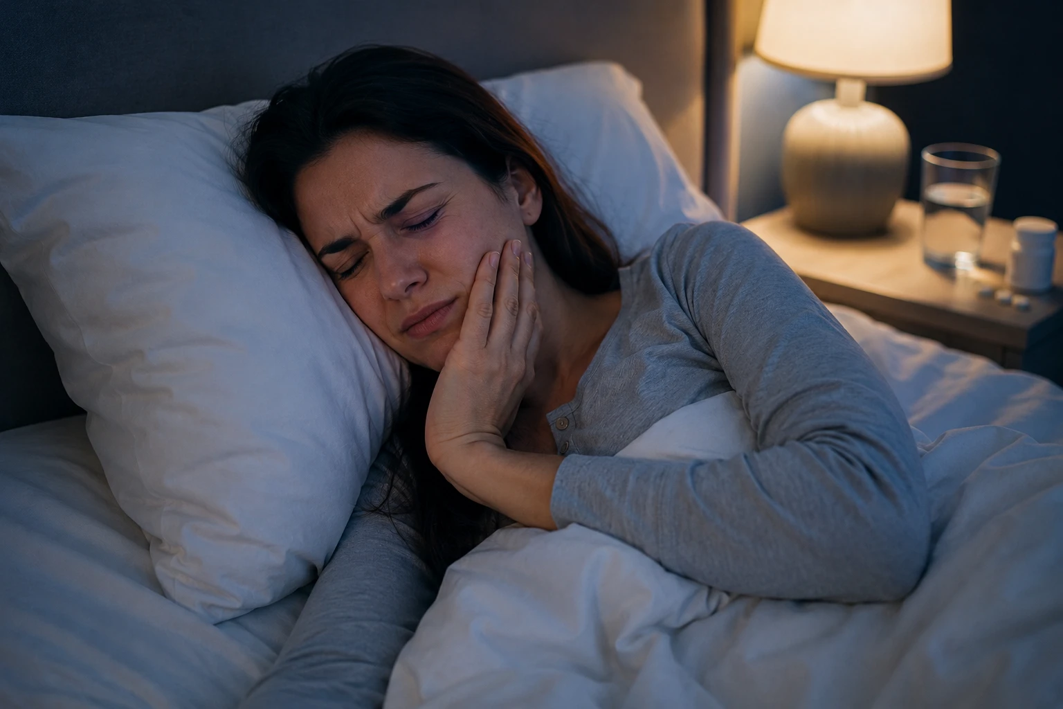 woman lying awake in bed with severe tooth pain at night