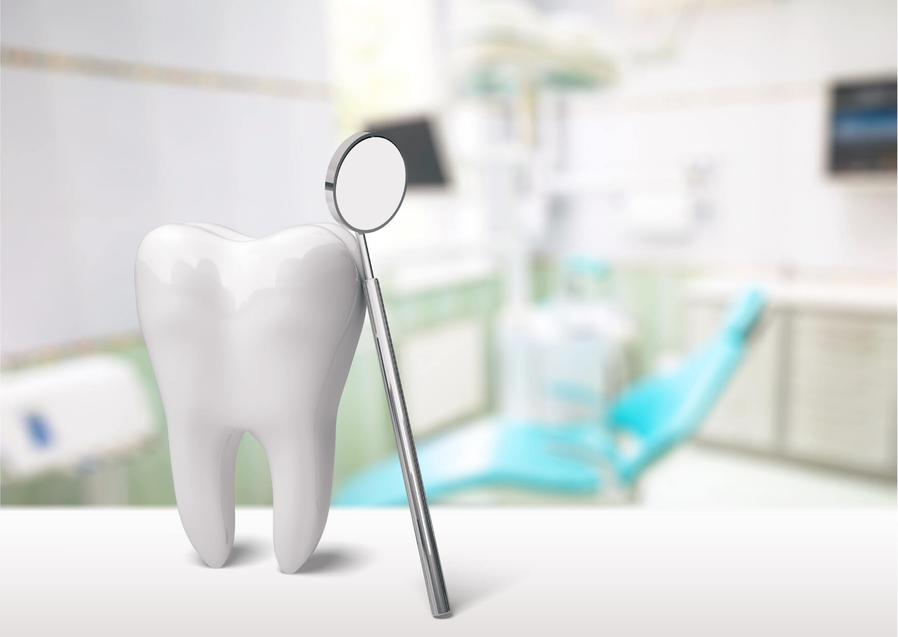 Tooth model with dental mirror illustrating the stages of tooth eruption and routine dental monitoring during eruption.