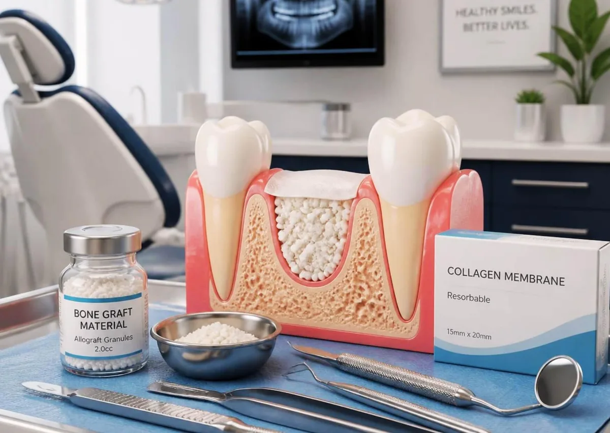 Dental bone graft model showing graft material and a collagen membrane used to rebuild jawbone.