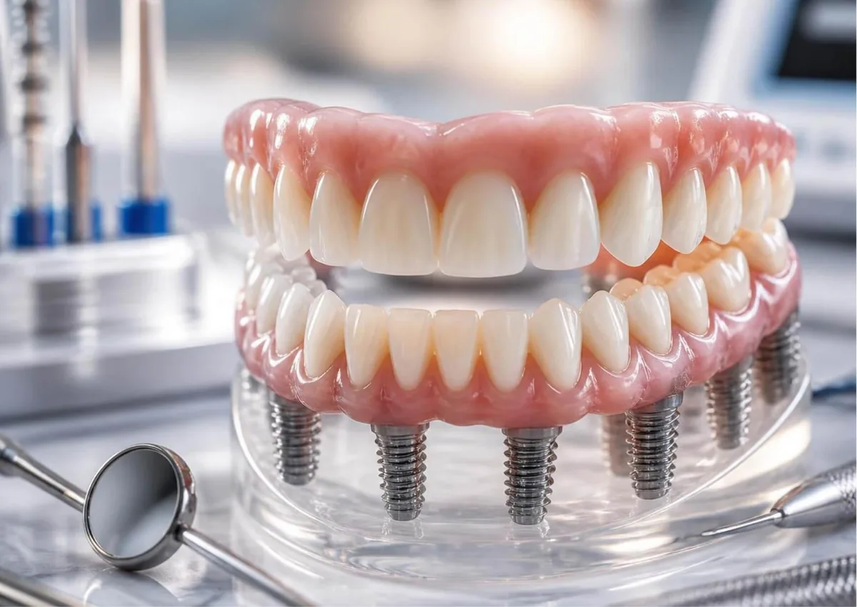 Full mouth dental implant model showing implant-supported upper and lower replacement teeth.