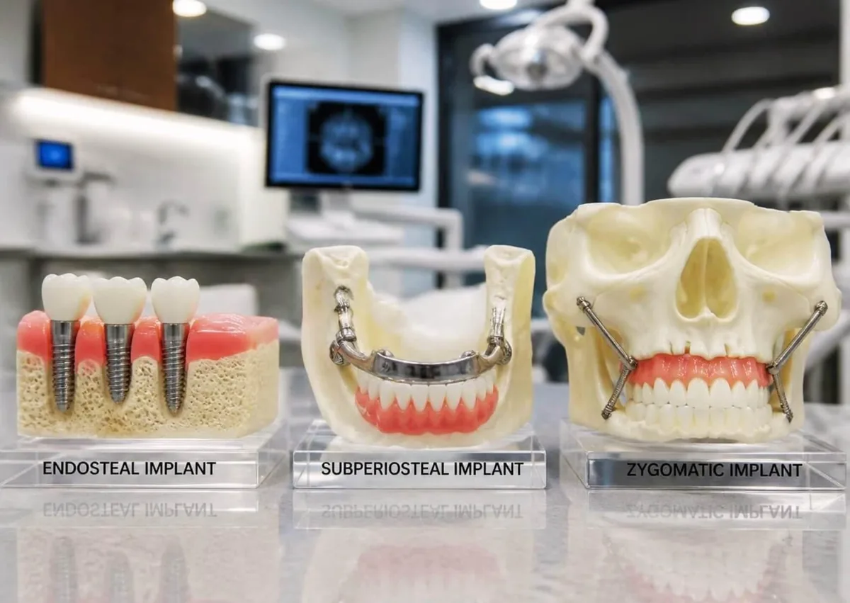 Dental models showing the three types of dental implants: endosteal, subperiosteal, and zygomatic implants.