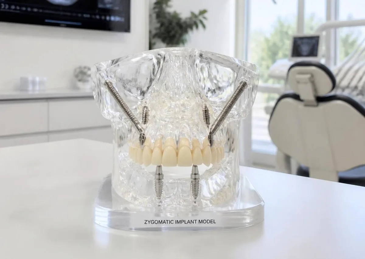 Zygomatic dental implant model showing long implants anchored in the upper jaw and cheekbone.